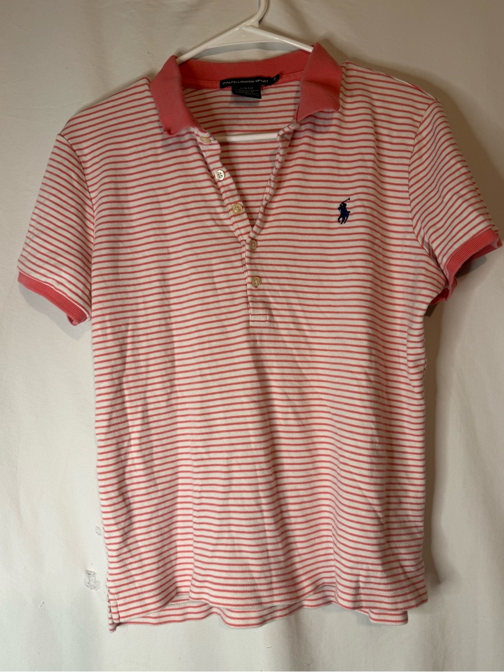 Ralph Lauren Sport Polo Shirt Womens XL Coral White Striped Slim Fit Pony Logo